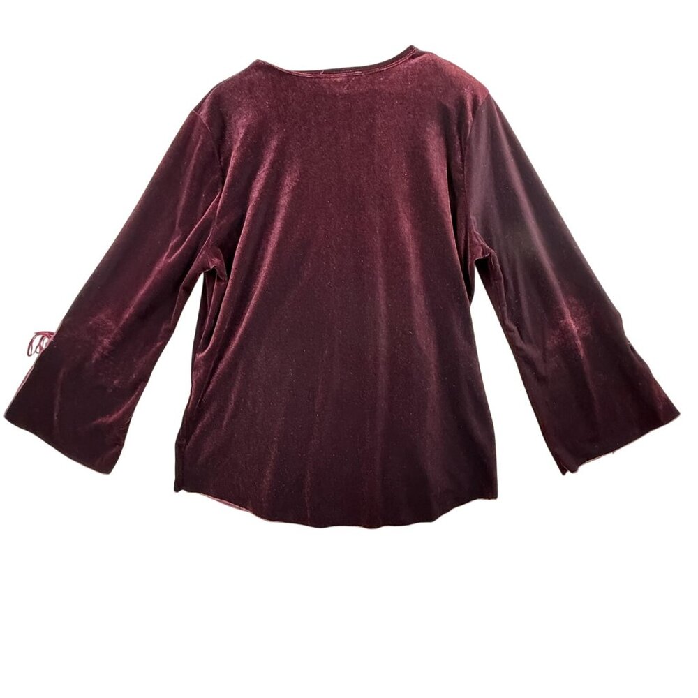 Vintage Casual Land Shirt Women One Size Red Paisley Velour Slit Sleeve Boho Top - Picture 2 of 16